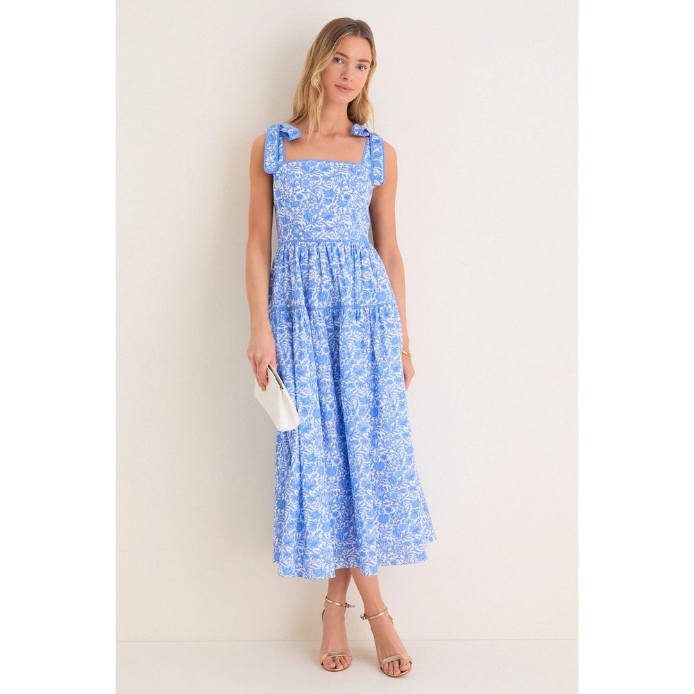 Hyacinth House Chinoiserie Floral Julie Maxi Dress Blue Tie Tiered NWT M Coastal